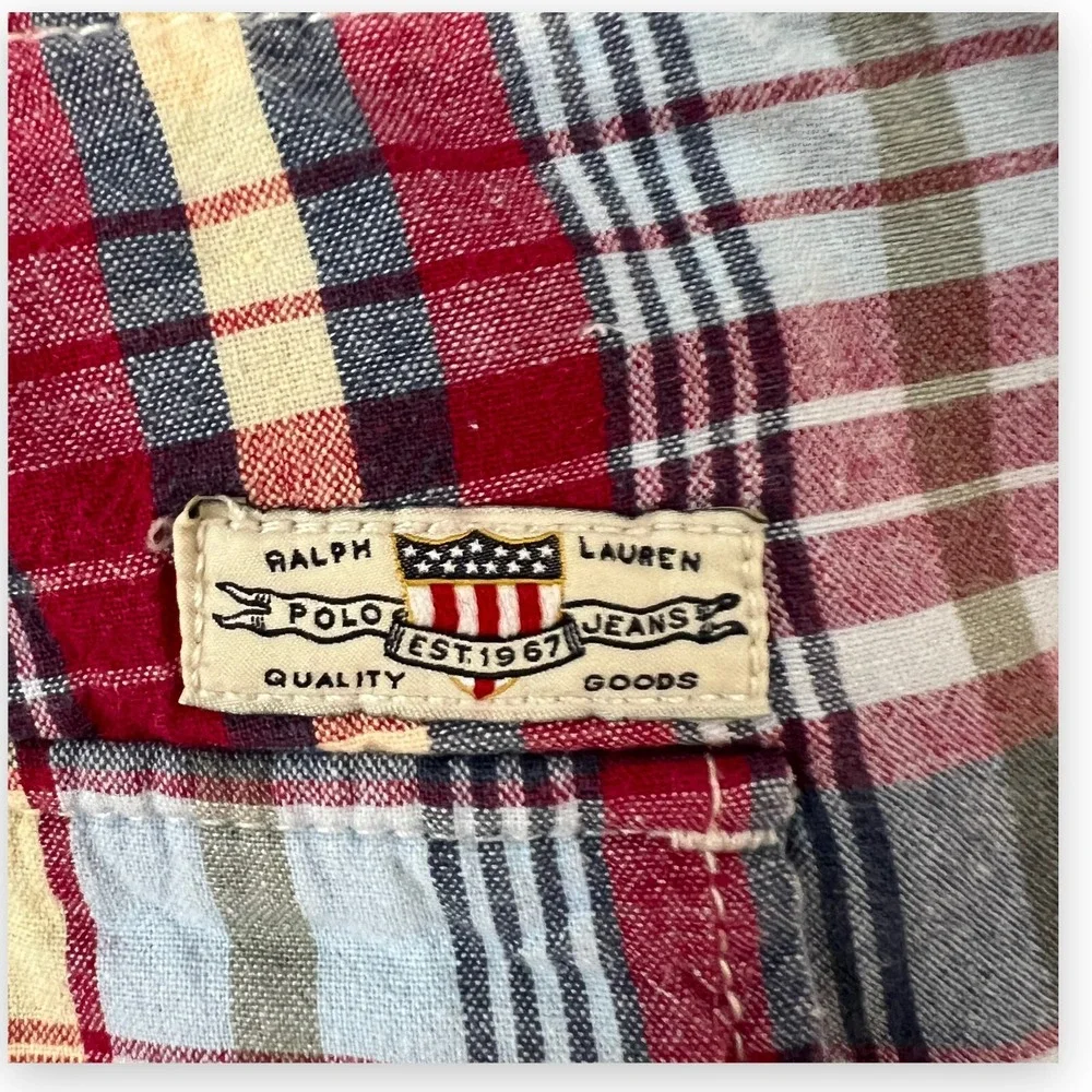 VTG Ralph Lauren Polo Jeans Madras Cargo Shorts Mens 38 Plaid Red Preppy Coastal